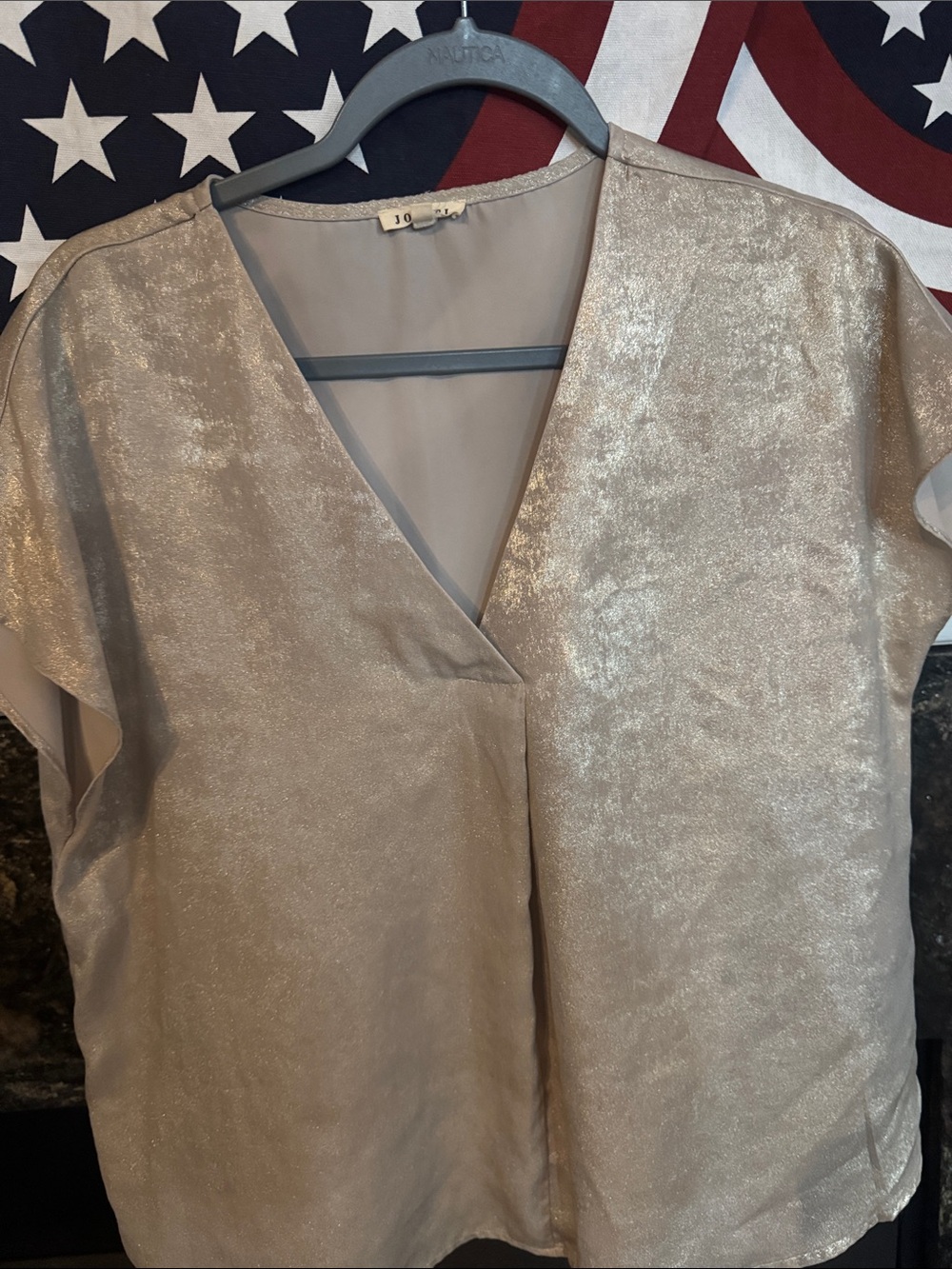 JODIFL Metallic Taupe V-Neck Blouse